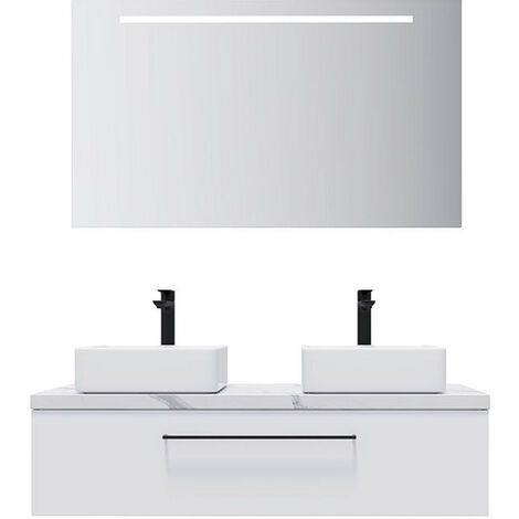 Meuble de salle de bain suspendu 2 vasques à poser 120cm 1 tiroir Blanc + miroir - Glasgow