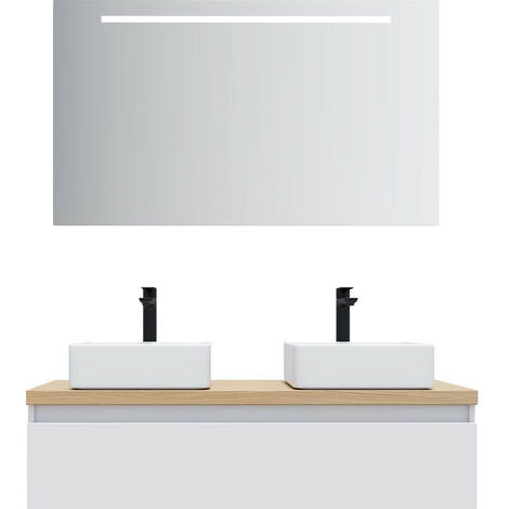 Meuble de salle de bain suspendu 2 vasques à poser 120cm 1 tiroir Blanc + miroir - Hudson