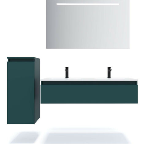 Meuble de salle de bain suspendu 2 vasques à poser 120cm 1 tiroir Bleu + miroir + colonne ouverture gauche - Hudson