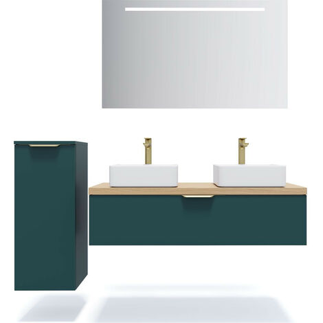 Meuble de salle de bain suspendu 2 vasques à poser 120cm 1 tiroir Bleu + miroir + colonne ouverture gauche - Venice