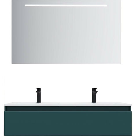 Meuble de salle de bain suspendu 2 vasques à poser 120cm 1 tiroir Bleu + miroir - Hudson