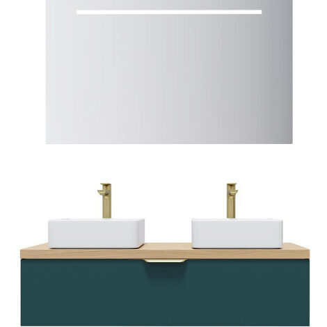 Meuble de salle de bain suspendu 2 vasques à poser 120cm 1 tiroir Bleu + miroir - Venice
