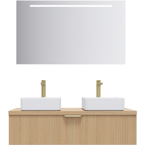 Meuble de salle de bain suspendu 2 vasques à poser 120cm 1 tiroir Chêne cannelé + miroir - Venice