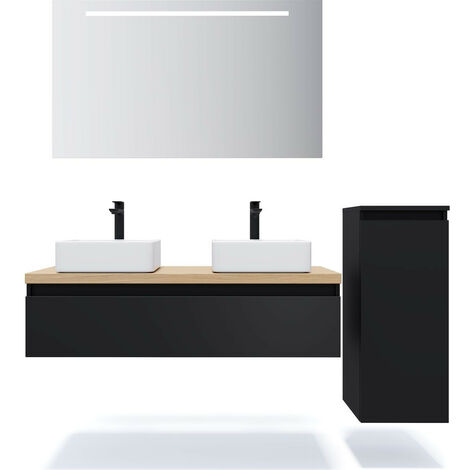 Meuble de salle de bain suspendu 2 vasques à poser 120cm 1 tiroir Noir + miroir + colonne ouverture droite - Hudson