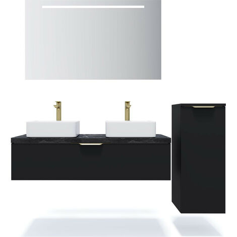 Meuble de salle de bain suspendu 2 vasques à poser 120cm 1 tiroir Noir + miroir + colonne ouverture droite - Venice
