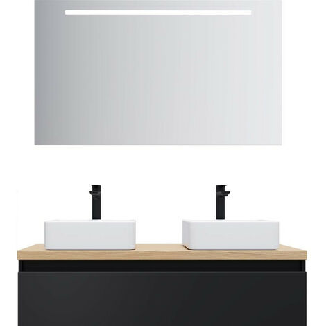 Meuble de salle de bain suspendu 2 vasques à poser 120cm 1 tiroir Noir + miroir - Hudson