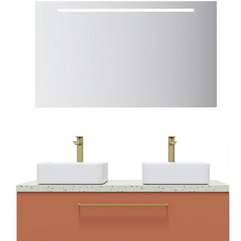 Meuble de salle de bain suspendu 2 vasques à poser 120cm 1 tiroir Terracotta + miroir - Glasgow
