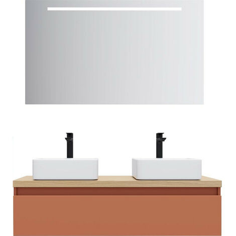 Meuble de salle de bain suspendu 2 vasques à poser 120cm 1 tiroir Terracotta + miroir - Hudson