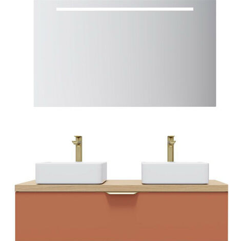 Meuble de salle de bain suspendu 2 vasques à poser 120cm 1 tiroir Terracotta + miroir - Venice