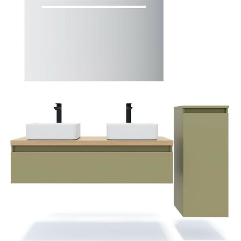 Meuble de salle de bain suspendu 2 vasques à poser 120cm 1 tiroir Vert olive + miroir + colonne ouverture droite - Hudson