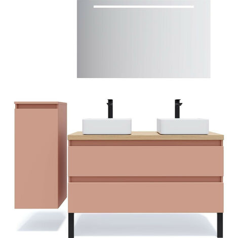Meuble de salle de bain suspendu 2 vasques à poser 120cm 2 tiroirs Abricot + miroir + colonne ouverture gauche - Hudson