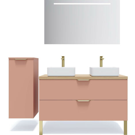 Meuble de salle de bain suspendu 2 vasques à poser 120cm 2 tiroirs Abricot + miroir + colonne ouverture gauche - Venice