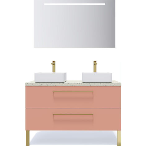 Meuble de salle de bain suspendu 2 vasques à poser 120cm 2 tiroirs Abricot + miroir - Glasgow