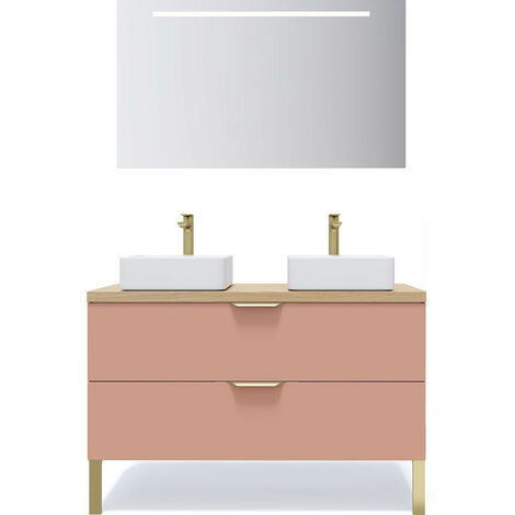 Meuble de salle de bain suspendu 2 vasques à poser 120cm 2 tiroirs Abricot + miroir - Venice