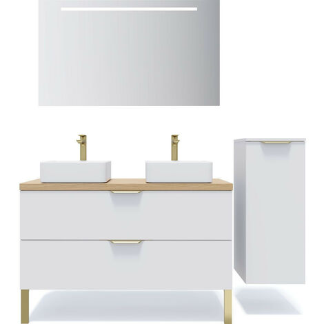 Meuble de salle de bain suspendu 2 vasques à poser 120cm 2 tiroirs Blanc + miroir + colonne ouverture droite - Venice
