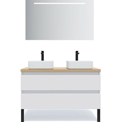 Meuble de salle de bain suspendu 2 vasques à poser 120cm 2 tiroirs Blanc + miroir - Hudson