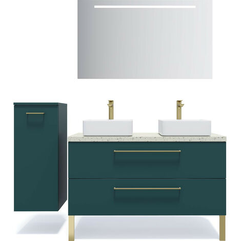 Meuble de salle de bain suspendu 2 vasques à poser 120cm 2 tiroirs Bleu + miroir + colonne ouverture gauche - Glasgow