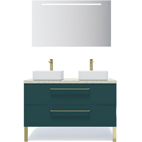 Meuble de salle de bain suspendu 2 vasques à poser 120cm 2 tiroirs Bleu + miroir - Glasgow