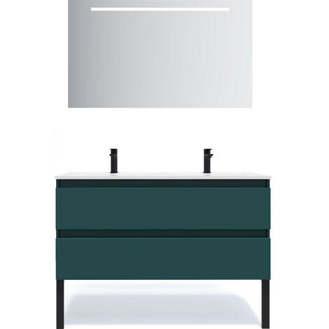 Meuble de salle de bain suspendu 2 vasques à poser 120cm 2 tiroirs Bleu + miroir - Hudson