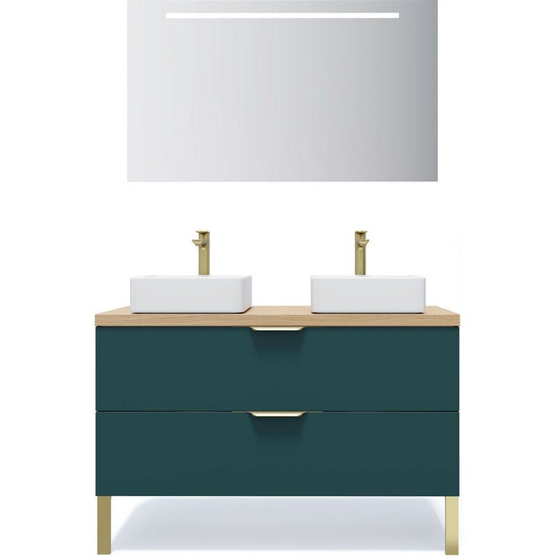 Homifab - Meuble de salle de bain suspendu 2 vasques à poser 120cm 2 tiroirs Bleu + miroir - Venice