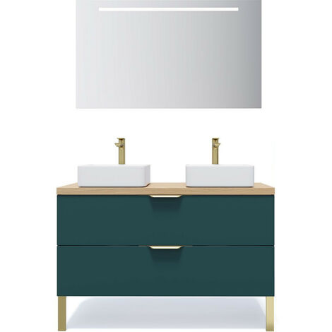 Meuble de salle de bain suspendu 2 vasques à poser 120cm 2 tiroirs Bleu + miroir - Venice