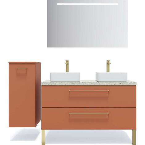 Meuble de salle de bain suspendu 2 vasques à poser 120cm 2 tiroirs Terracotta + miroir + colonne ouverture gauche - Glasgow