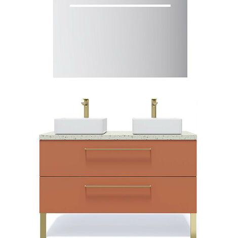 Meuble de salle de bain suspendu 2 vasques à poser 120cm 2 tiroirs Terracotta + miroir - Glasgow