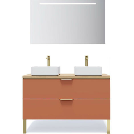 Meuble de salle de bain suspendu 2 vasques à poser 120cm 2 tiroirs Terracotta + miroir - Venice