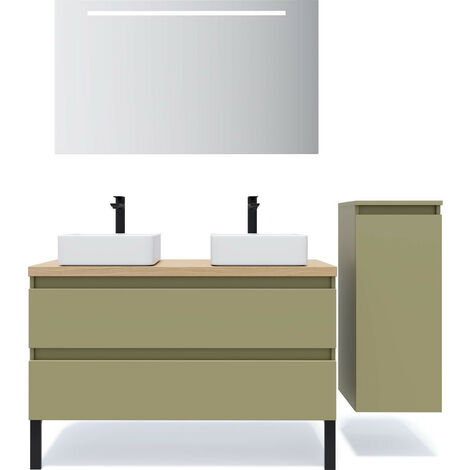 Meuble de salle de bain suspendu 2 vasques à poser 120cm 2 tiroirs Vert olive + miroir + colonne ouverture droite - Hudson