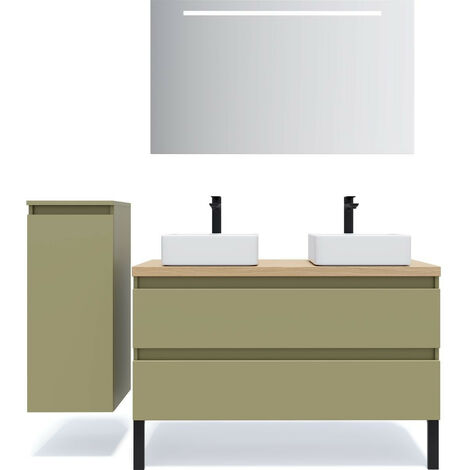 Meuble de salle de bain suspendu 2 vasques à poser 120cm 2 tiroirs Vert olive + miroir + colonne ouverture gauche - Hudson