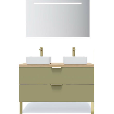 Meuble de salle de bain suspendu 2 vasques à poser 120cm 2 tiroirs Vert olive + miroir - Venice