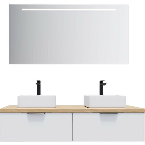 Meuble de salle de bain suspendu 2 vasques à poser 140cm 2 tiroirs Blanc + miroir - Soho