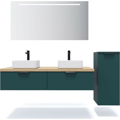 Meuble de salle de bain suspendu 2 vasques à poser 140cm 2 tiroirs Bleu + miroir + colonne ouverture droite - Soho