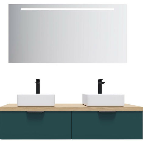 Meuble de salle de bain suspendu 2 vasques à poser 140cm 2 tiroirs Bleu + miroir - Soho