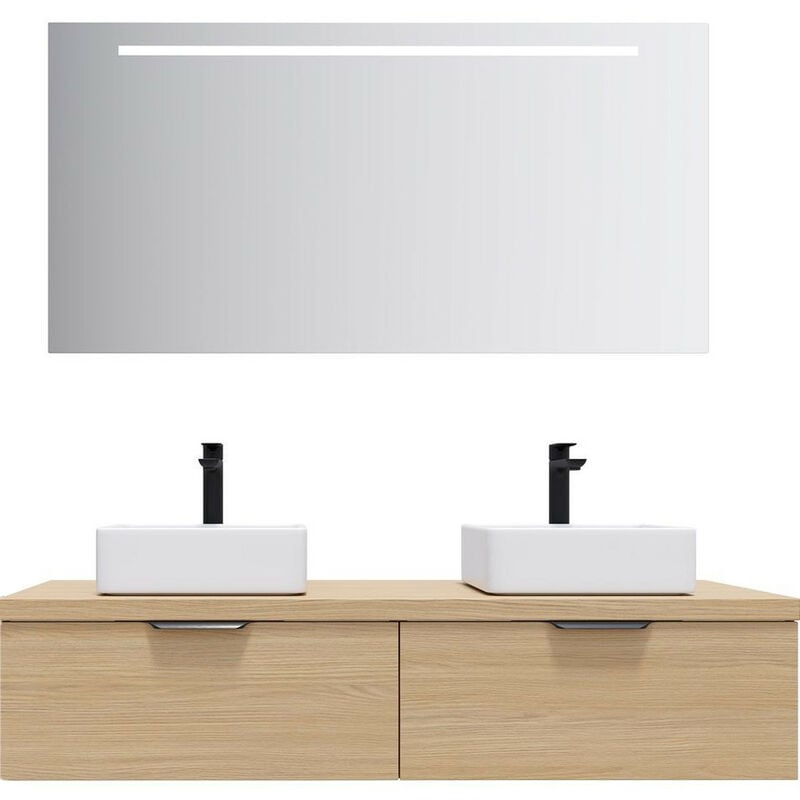Homifab - Meuble de salle de bain suspendu 2 vasques à poser 140cm 2 tiroirs Chêne clair + miroir - Soho