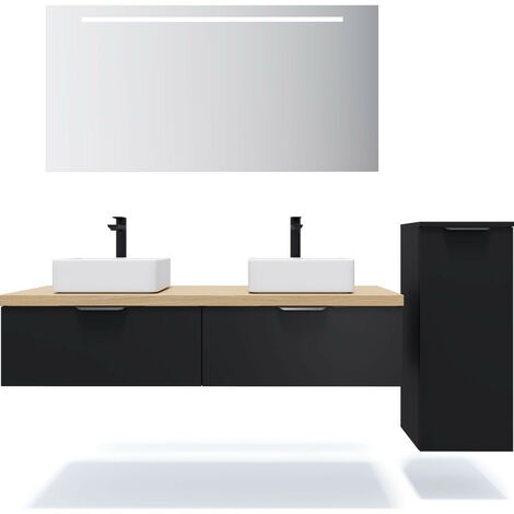 Meuble de salle de bain suspendu 2 vasques à poser 140cm 2 tiroirs Noir + miroir + colonne ouverture droite - Soho