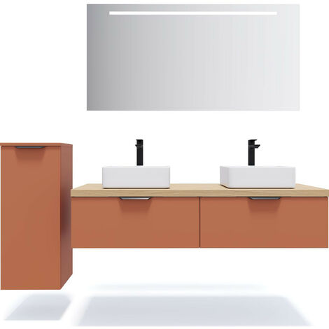 Meuble de salle de bain suspendu 2 vasques à poser 140cm 2 tiroirs Terracotta + miroir + colonne ouverture gauche - Soho