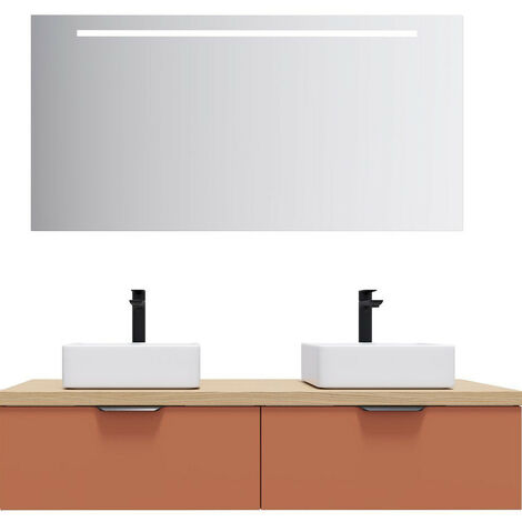 Meuble de salle de bain suspendu 2 vasques à poser 140cm 2 tiroirs Terracotta + miroir - Soho