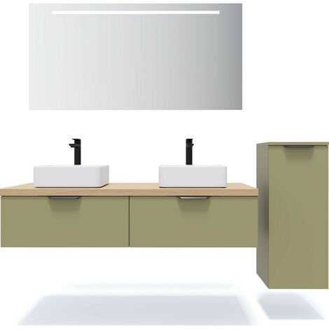 Meuble de salle de bain suspendu 2 vasques à poser 140cm 2 tiroirs Vert olive + miroir + colonne ouverture droite - Soho