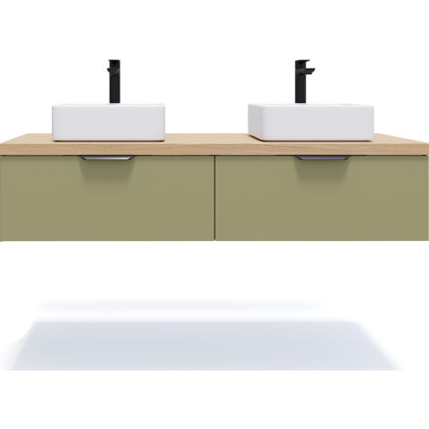 Meuble de salle de bain suspendu 2 vasques à poser 140cm 2 tiroirs Vert olive - Soho