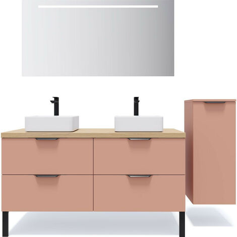 Meuble de salle de bain suspendu 2 vasques à poser 140cm 4 tiroirs Abricot + miroir + colonne ouverture droite - Soho