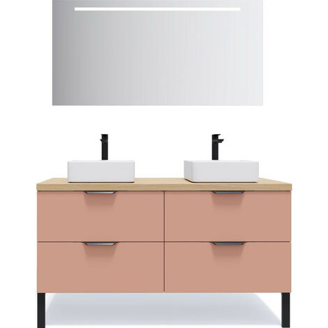 Meuble de salle de bain suspendu 2 vasques à poser 140cm 4 tiroirs Abricot + miroir - Soho