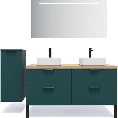 Meuble de salle de bain suspendu 2 vasques à poser 140cm 4 tiroirs Bleu + miroir + colonne ouverture gauche - Soho