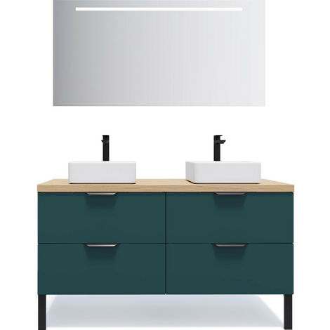 Meuble de salle de bain suspendu 2 vasques à poser 140cm 4 tiroirs Bleu + miroir - Soho