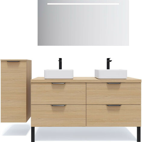 Meuble de salle de bain suspendu 2 vasques à poser 140cm 4 tiroirs Chêne clair + miroir + colonne ouverture gauche - Soho