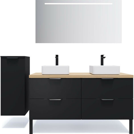 Meuble de salle de bain suspendu 2 vasques à poser 140cm 4 tiroirs Noir + miroir + colonne ouverture gauche - Soho