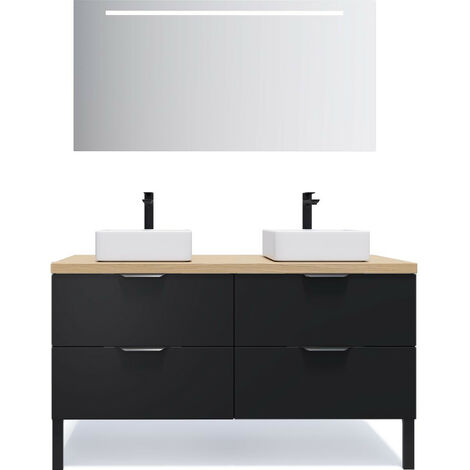Meuble de salle de bain suspendu 2 vasques à poser 140cm 4 tiroirs Noir + miroir - Soho