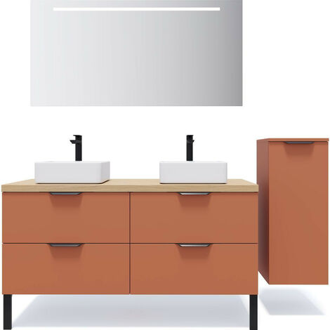 Meuble de salle de bain suspendu 2 vasques à poser 140cm 4 tiroirs Terracotta + miroir + colonne ouverture droite - Soho