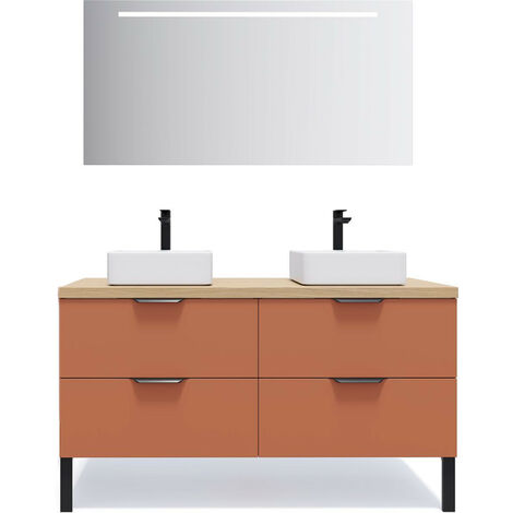 Meuble de salle de bain suspendu 2 vasques à poser 140cm 4 tiroirs Terracotta + miroir - Soho