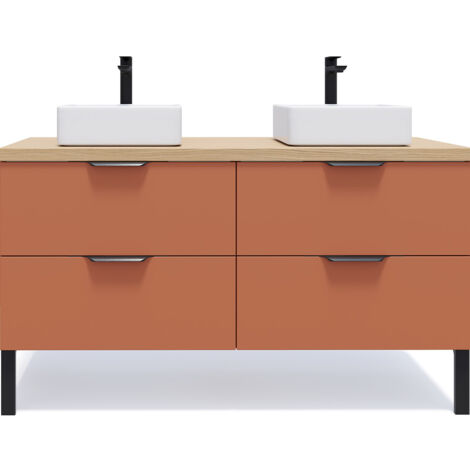 Meuble de salle de bain suspendu 2 vasques à poser 140cm 4 tiroirs Terracotta - Soho